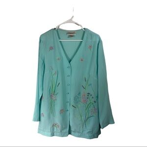 Diane Von Furstenberg Silk Assets Button‎ Shirt Sz M Blue Embroidered Beaded
